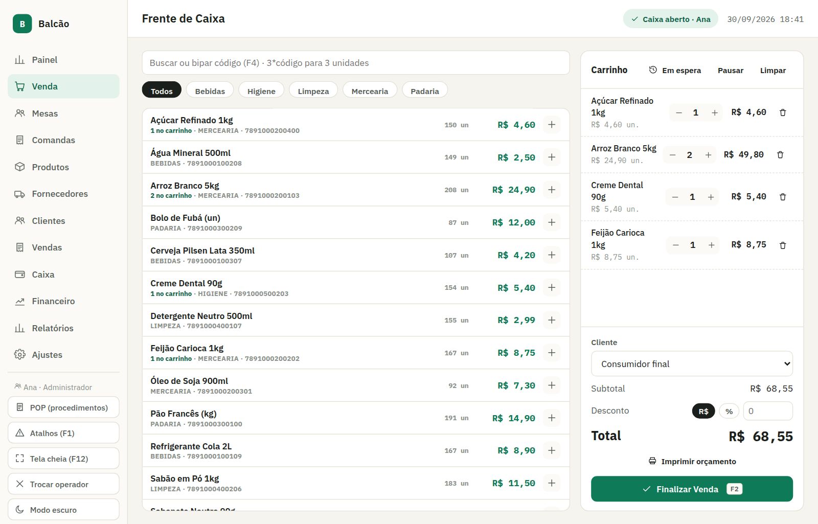 Tela de venda do Balcão: lista de produtos com preço e estoque, à esquerda, e o carrinho com o total, à direita